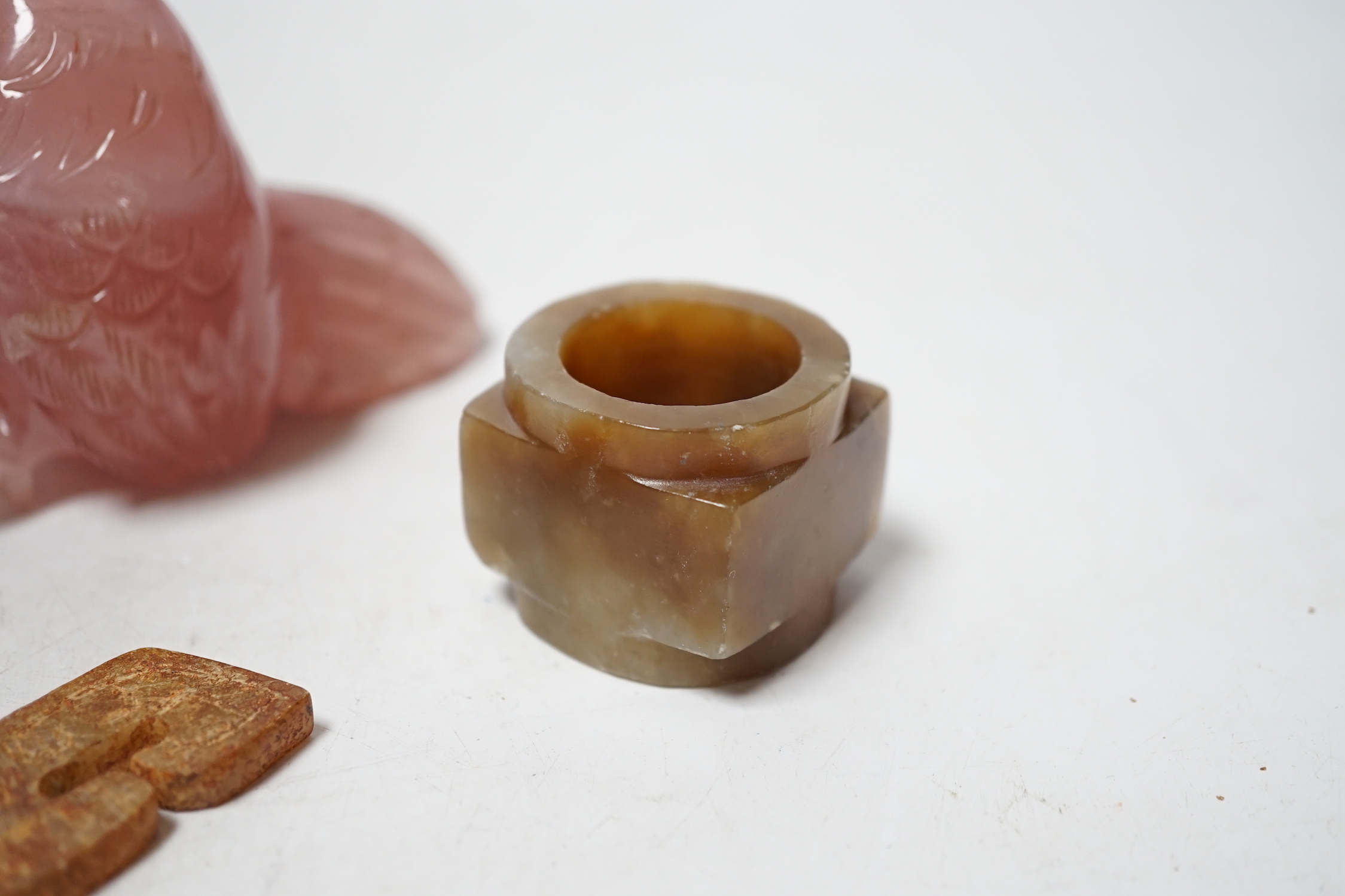 A group of Chinese hardstone carvings and a soapstone cong, largest 10.5cm